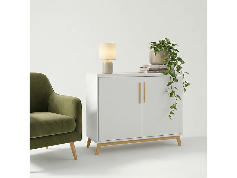 Buffet Scandinave Blanc 2 Portes 4 Niches Pieds Pin L 90.2 H 67.5 P 35.1 cm