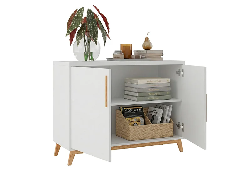 Buffet Scandinave Blanc 2 Portes 4 Niches Pieds Pin L 90.2 H 67.5 P 35.1 cm