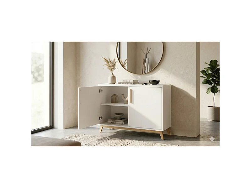 Buffet Scandinave Blanc 2 Portes 4 Niches Pieds Pin L 90.2 H 67.5 P 35.1 cm