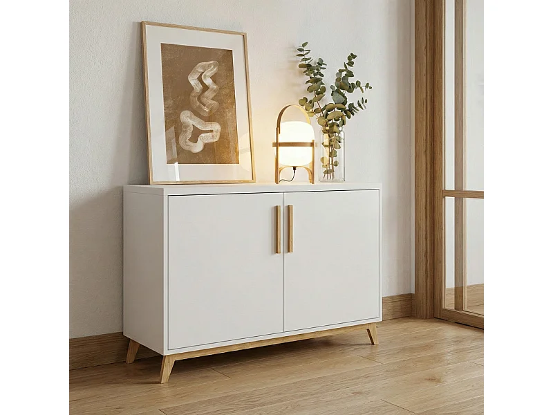 Buffet Scandinave Blanc 2 Portes 4 Niches Pieds Pin L 90.2 H 67.5 P 35.1 cm