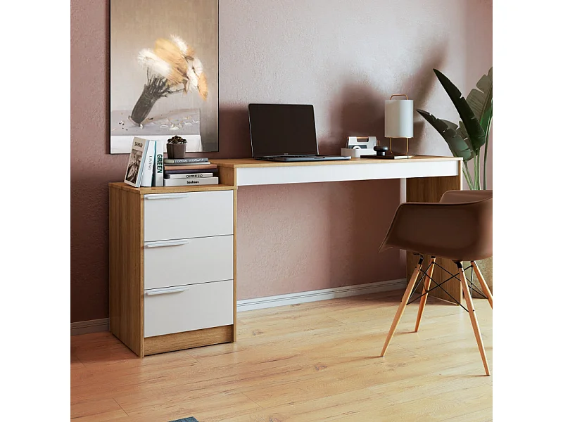 Bureau et Caisson 3 Tiroirs Amovible Chêne et Blanc L 176.5 H 78.5 P 38 cm