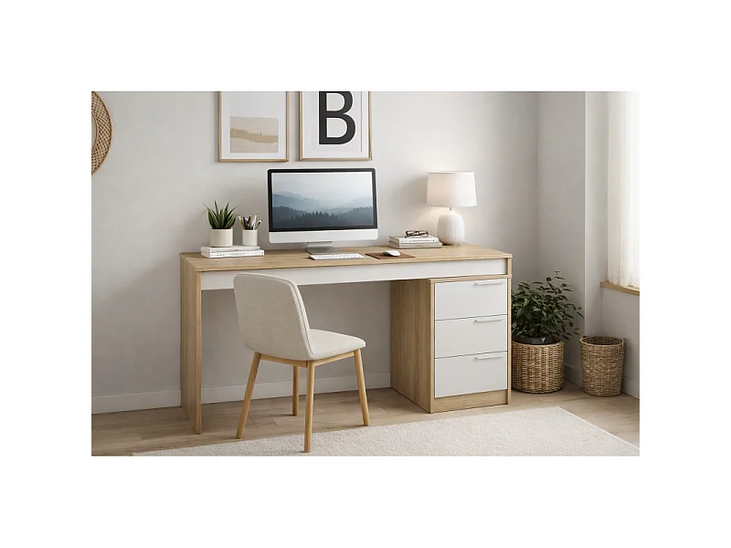 Bureau et Caisson 3 Tiroirs Amovible Chêne et Blanc L 176.5 H 78.5 P 38 cm