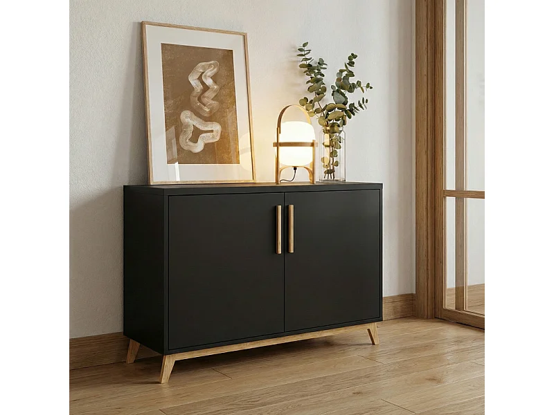Buffet Scandinave Noir 2 Portes 4 Niches Pieds Pin L 90.2 H 67.5 P 35.1 cm