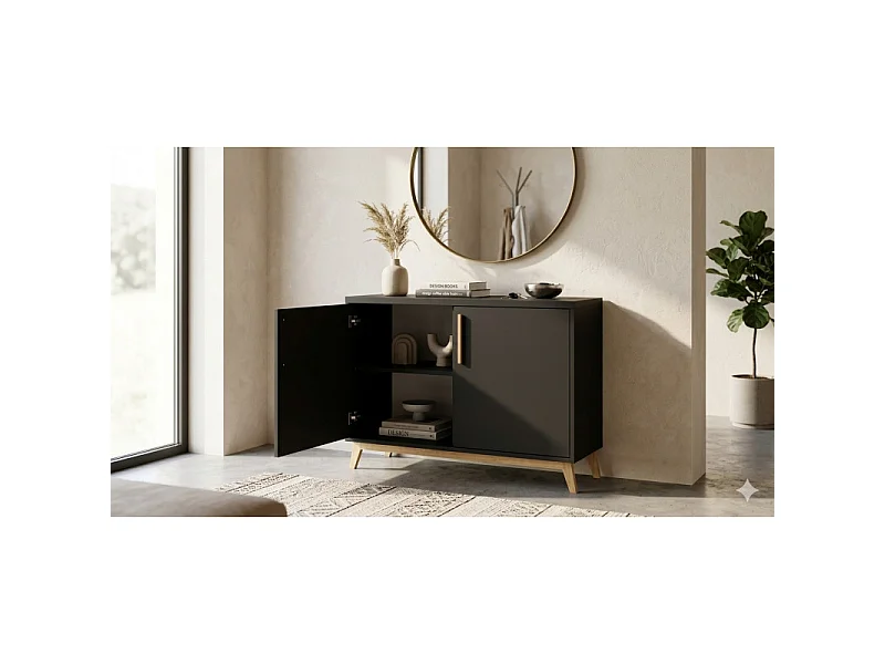 Buffet Scandinave Noir 2 Portes 4 Niches Pieds Pin L 90.2 H 67.5 P 35.1 cm