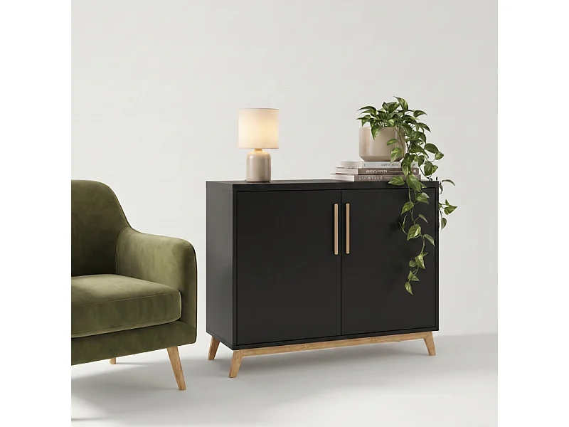 Buffet Scandinave Noir 2 Portes 4 Niches Pieds Pin L 90.2 H 67.5 P 35.1 cm