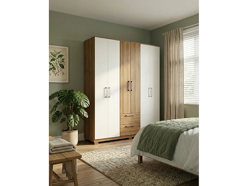 Armoire Dressing 6 Portes 2 Tiroirs 9 Niches Chêne et Blanc L 135.4 H 178 P 36.5 cm