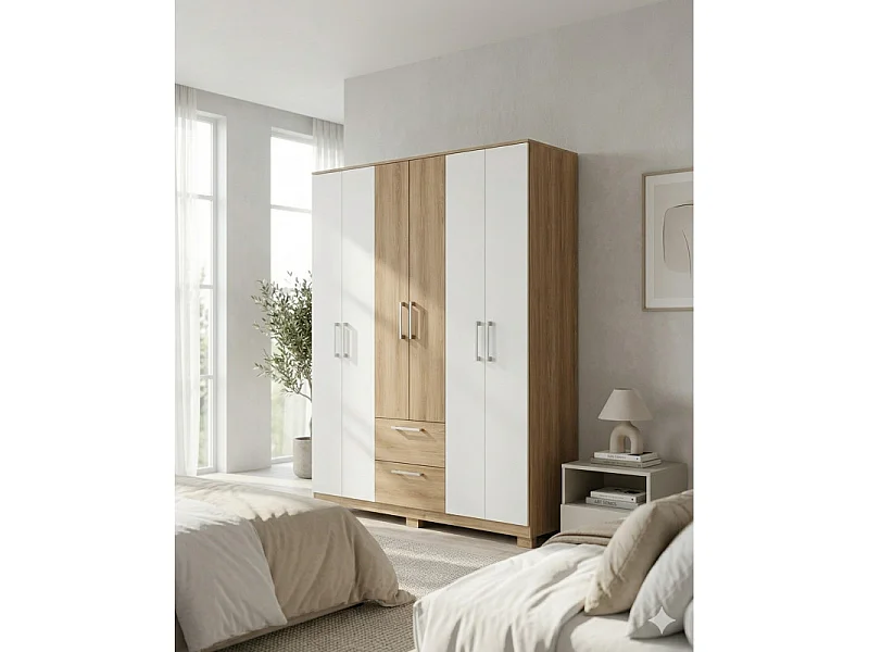 Armoire Dressing 6 Portes 2 Tiroirs 9 Niches Chêne et Blanc L 135.4 H 178 P 36.5 cm