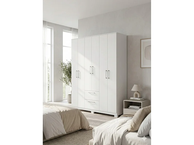 Armoire Dressing 6 Portes 2 Tiroirs 9 Niches Blanche L 135.4 H 178 P 36.5 cm