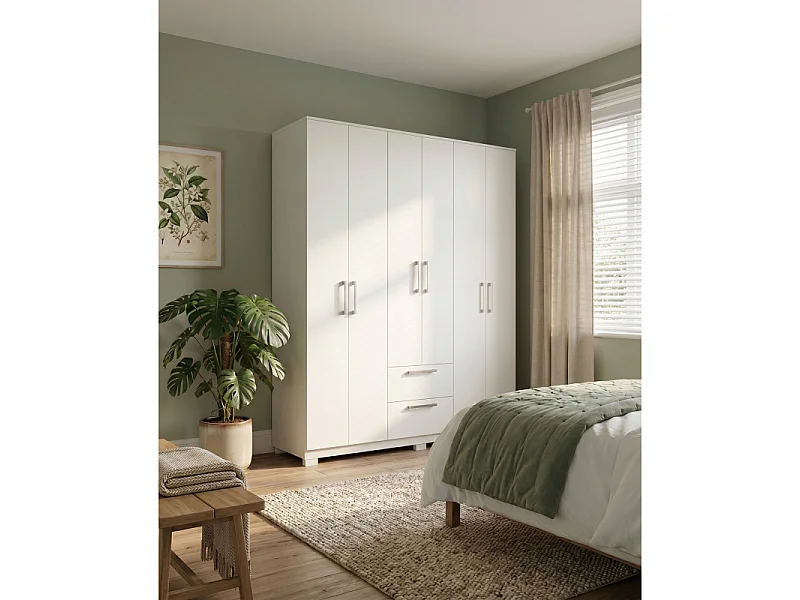 Armoire Dressing 6 Portes 2 Tiroirs 9 Niches Blanche L 135.4 H 178 P 36.5 cm
