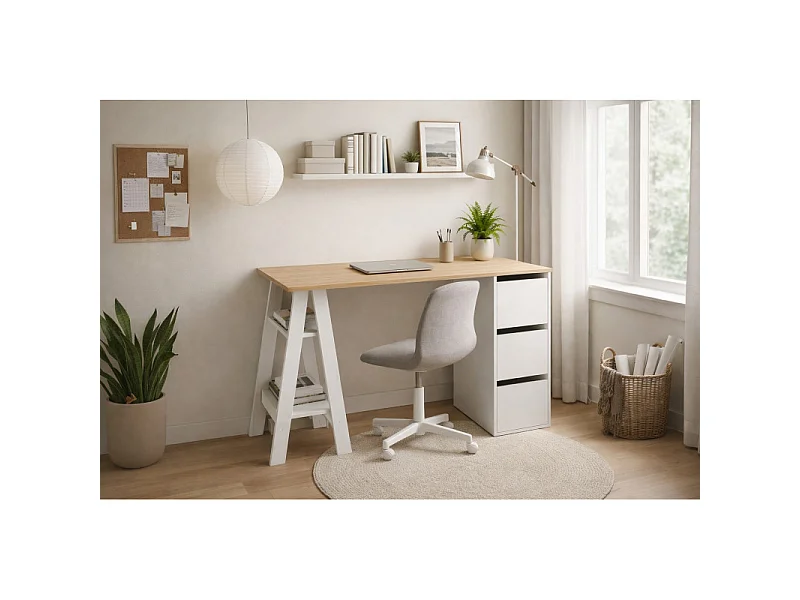 Bureau Tréteau et Caisson 3 Tiroirs Blanc et Chêne L 135 H 75 P 60 cm