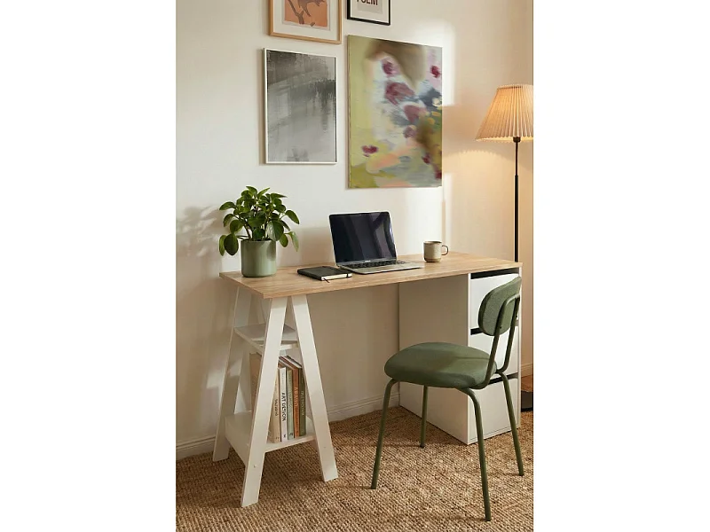 Bureau Tréteau et Caisson 3 Tiroirs Blanc et Chêne L 135 H 75 P 60 cm