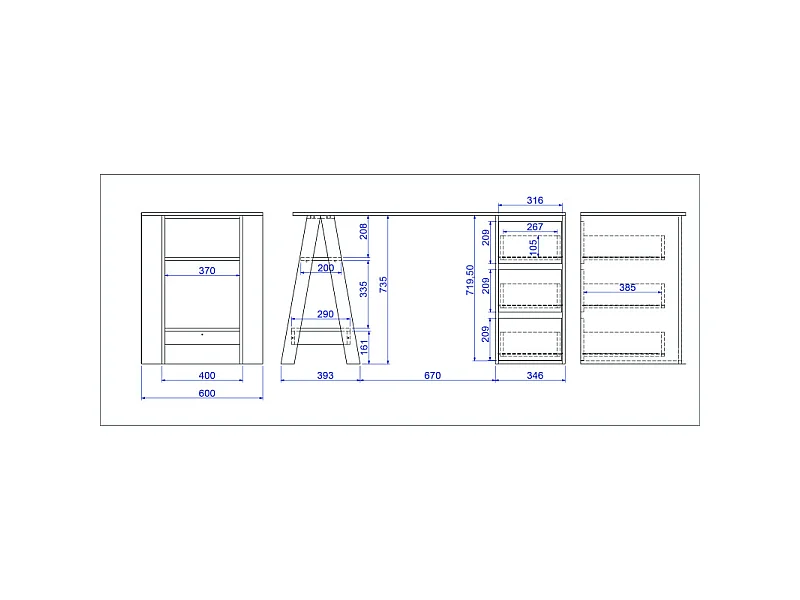 Bureau Tréteau et Caisson 3 Tiroirs Blanc et Chêne L 135 H 75 P 60 cm