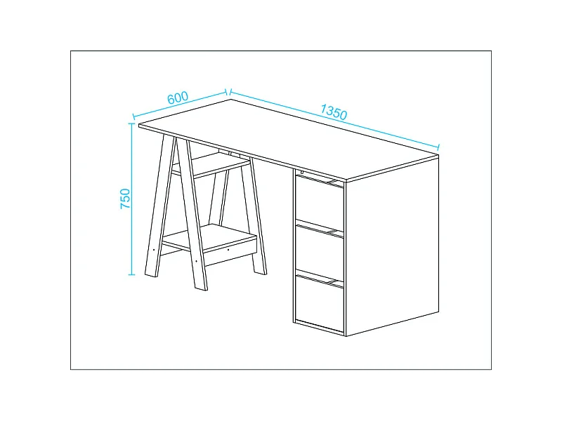 Bureau Tréteau et Caisson 3 Tiroirs Blanc et Chêne L 135 H 75 P 60 cm
