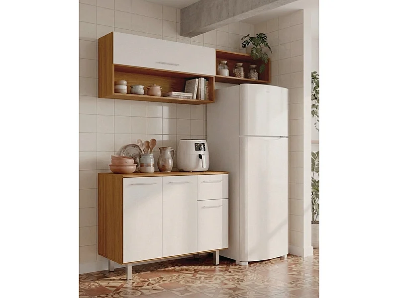 Cuisine équipée 4 Portes 1 Tiroir 5 Niches Chêne et Blanc L 150 H 200 P 40.5 cm