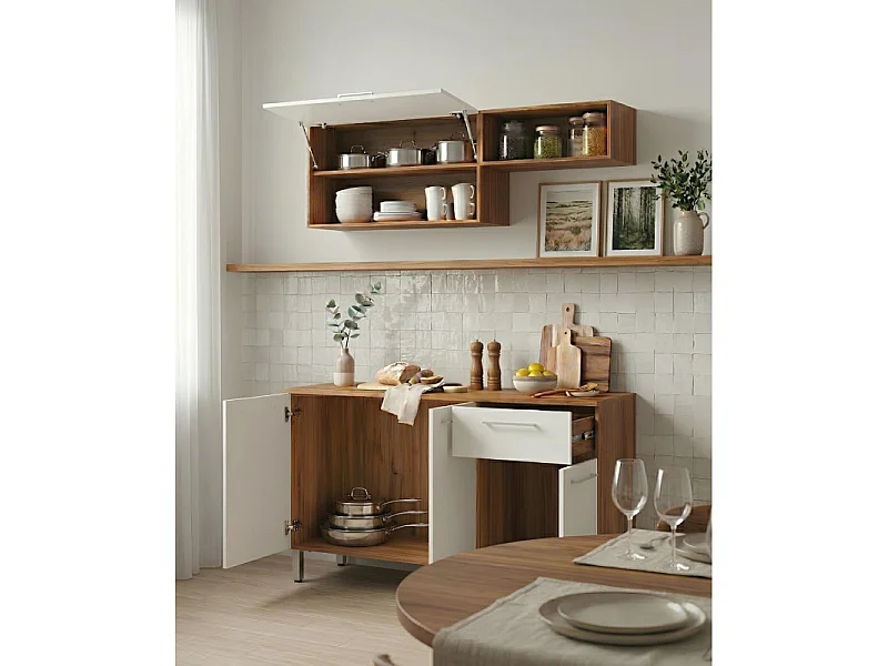 Cuisine équipée 4 Portes 1 Tiroir 5 Niches Chêne et Blanc L 150 H 200 P 40.5 cm