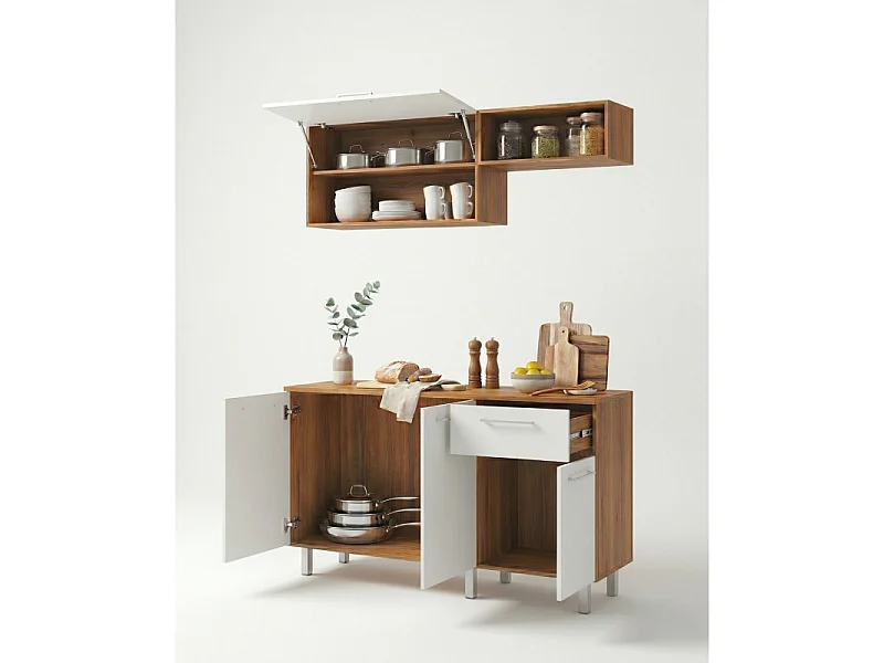 Cuisine équipée 4 Portes 1 Tiroir 5 Niches Chêne et Blanc L 150 H 200 P 40.5 cm