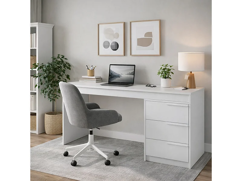 Bureau et Caisson 3 Tiroirs Amovible Blanc L 176.5 H 78.5 P 38 cm