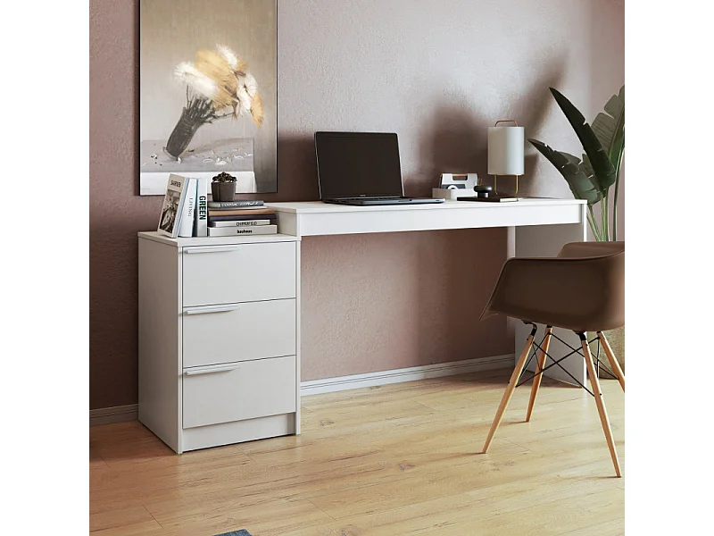 Bureau et Caisson 3 Tiroirs Amovible Blanc L 176.5 H 78.5 P 38 cm