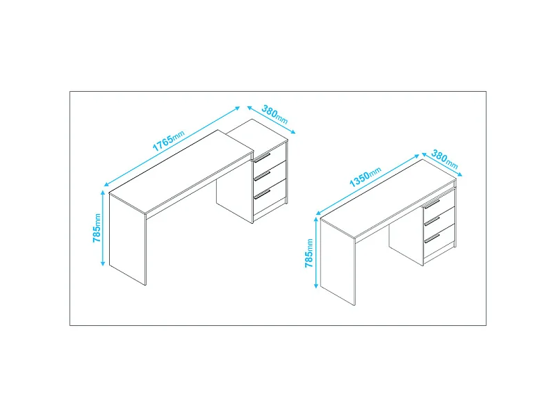 Bureau et Caisson 3 Tiroirs Amovible Blanc L 176.5 H 78.5 P 38 cm