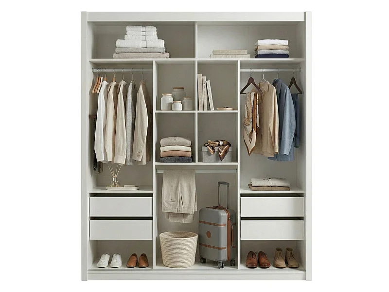 Armoire Dressing 3 Portes Coulissantes 4 Tiroirs 11 Niches Blanche L 185.5 H 208 P 49.5 cm