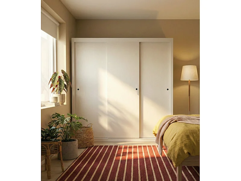 Armoire Dressing 3 Portes Coulissantes 4 Tiroirs 11 Niches Blanche L 185.5 H 208 P 49.5 cm