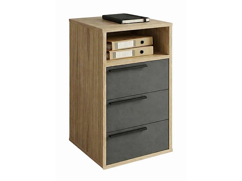 Caisson de rangement 3 Tiroirs 1 Niche Chêne et Noir L 35 H 63.5 P 38 cm