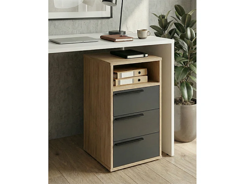 Caisson de rangement 3 Tiroirs 1 Niche Chêne et Noir L 35 H 63.5 P 38 cm