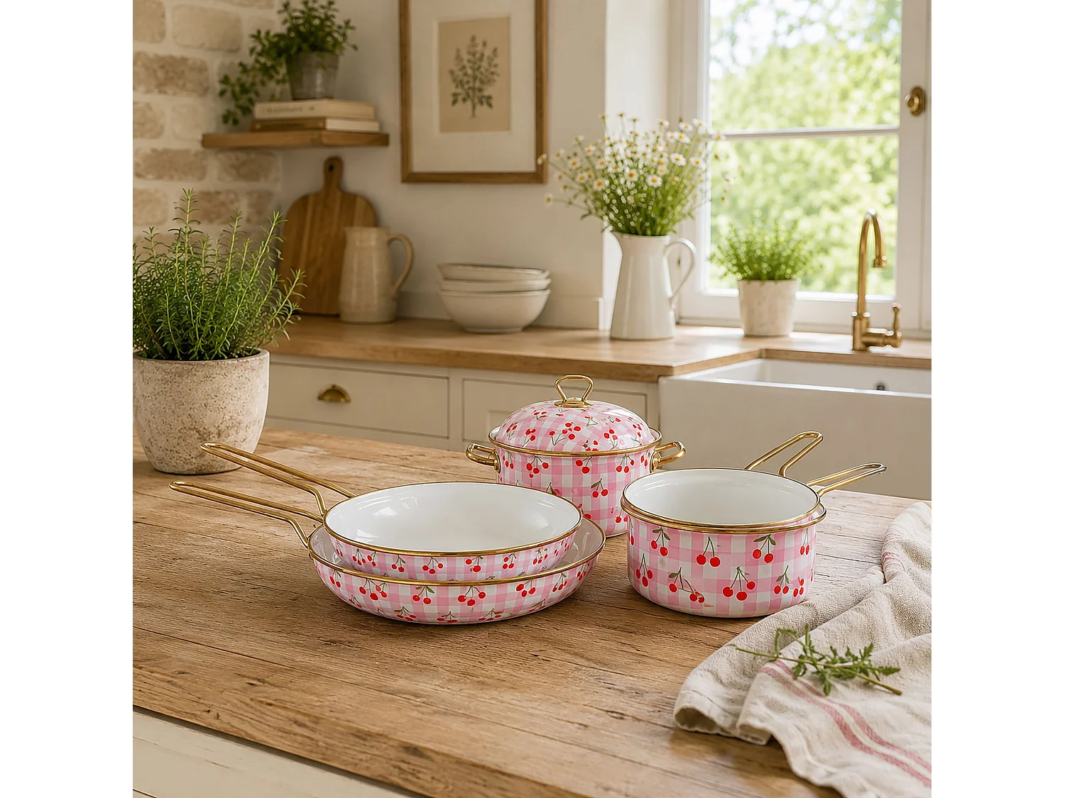 Menastyl - Lot 5pièces Vichy Cerise En Acier émaillé