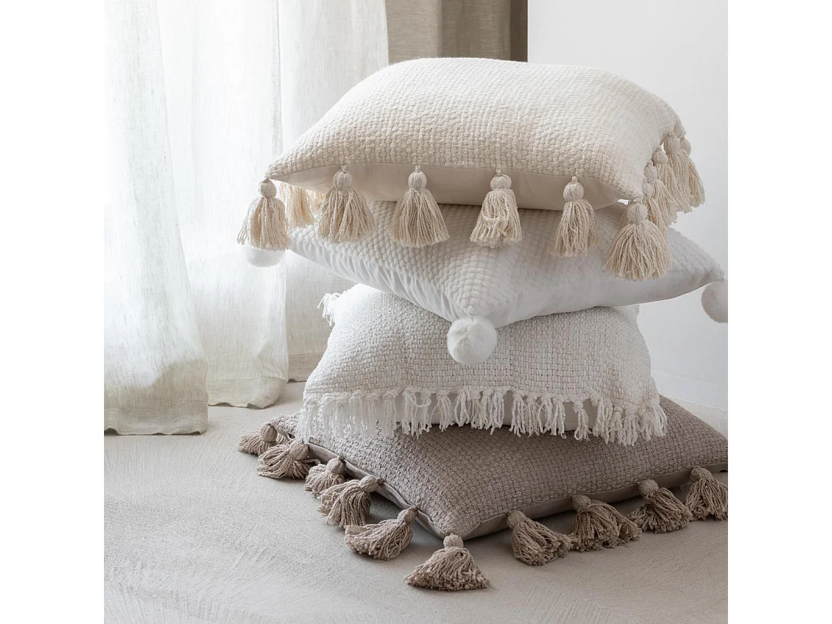 Coussin Déco à Pompons "Ulysse" 45x45cm Blanc
