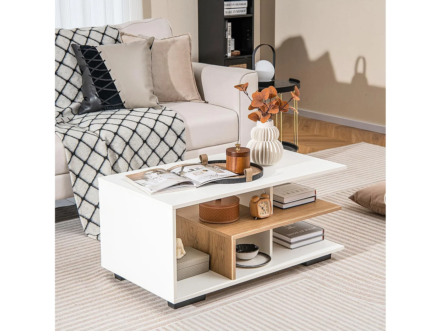 Salontafel met opbergruimte, L-geometrisch ontwerp, 90 x 50 x 42 cm, wit