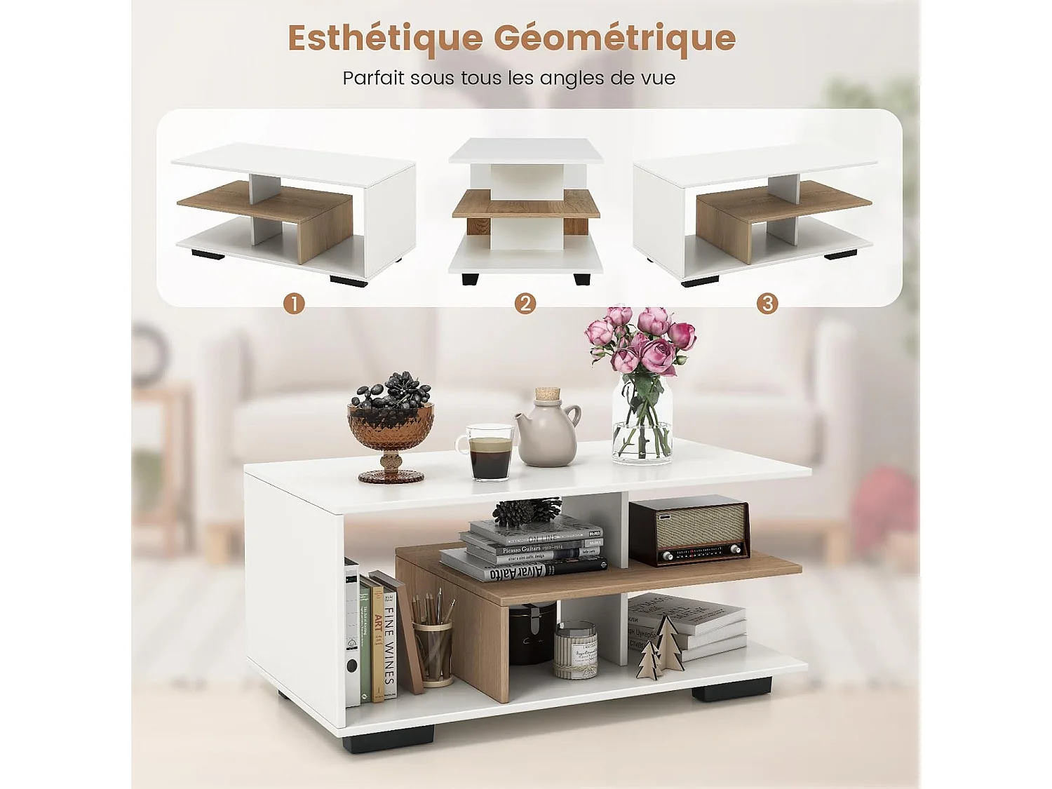 Salontafel met opbergruimte, L-geometrisch ontwerp, 90 x 50 x 42 cm, wit