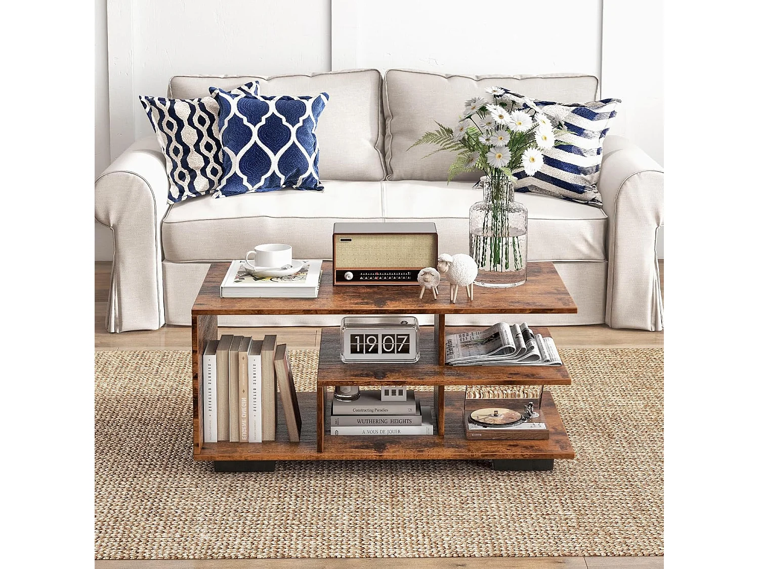 Table basse rangement, design L géométrique, 90 x 50 x 42 cm, marron rustique