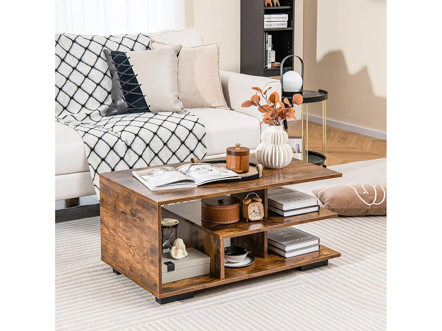 Table basse rangement, design L géométrique, 90 x 50 x 42 cm, marron rustique