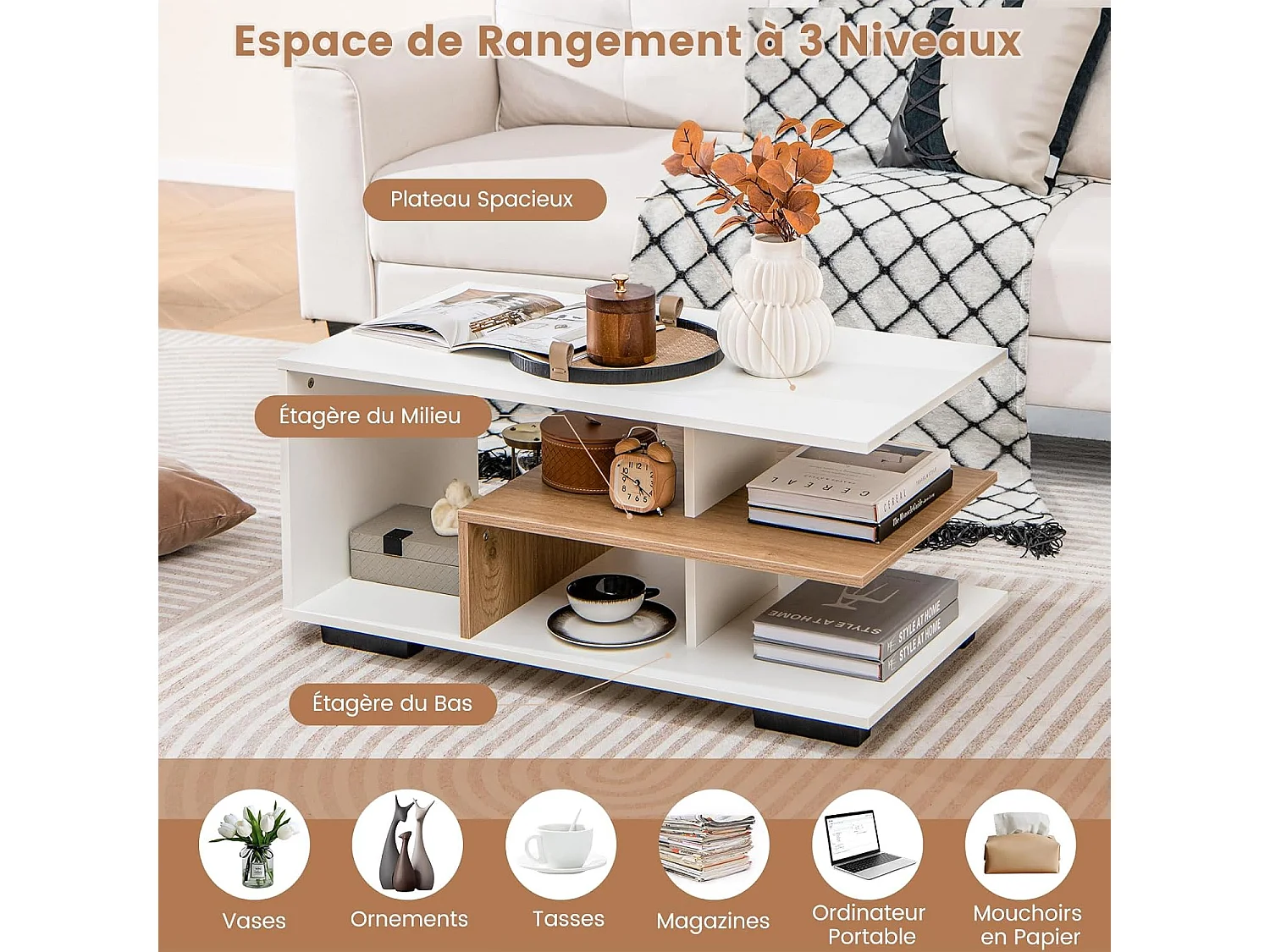 Table basse rangement, design L géométrique, 90 x 50 x 42 cm, marron rustique
