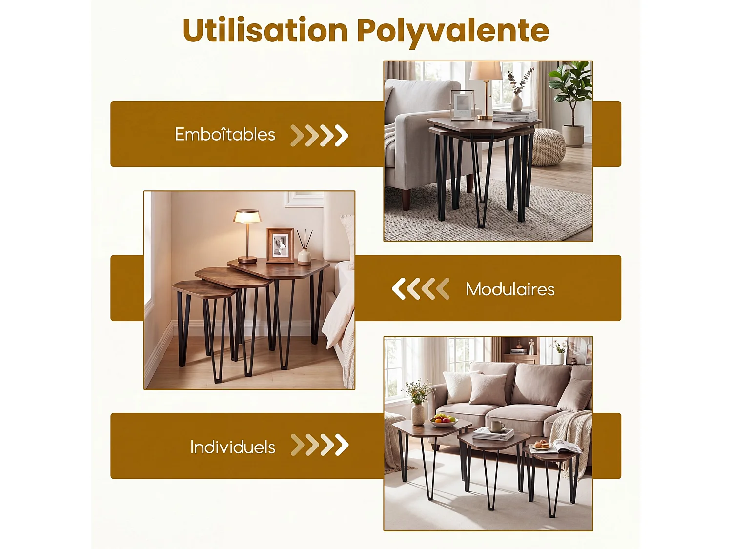 Lot de 3 tables basse gigognes, cadre métal industriel, charge 20/20/10kg