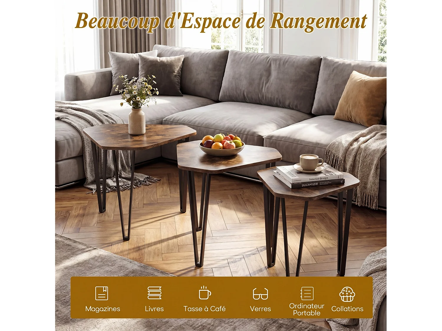 Lot de 3 tables basse gigognes, cadre métal industriel, charge 20/20/10kg