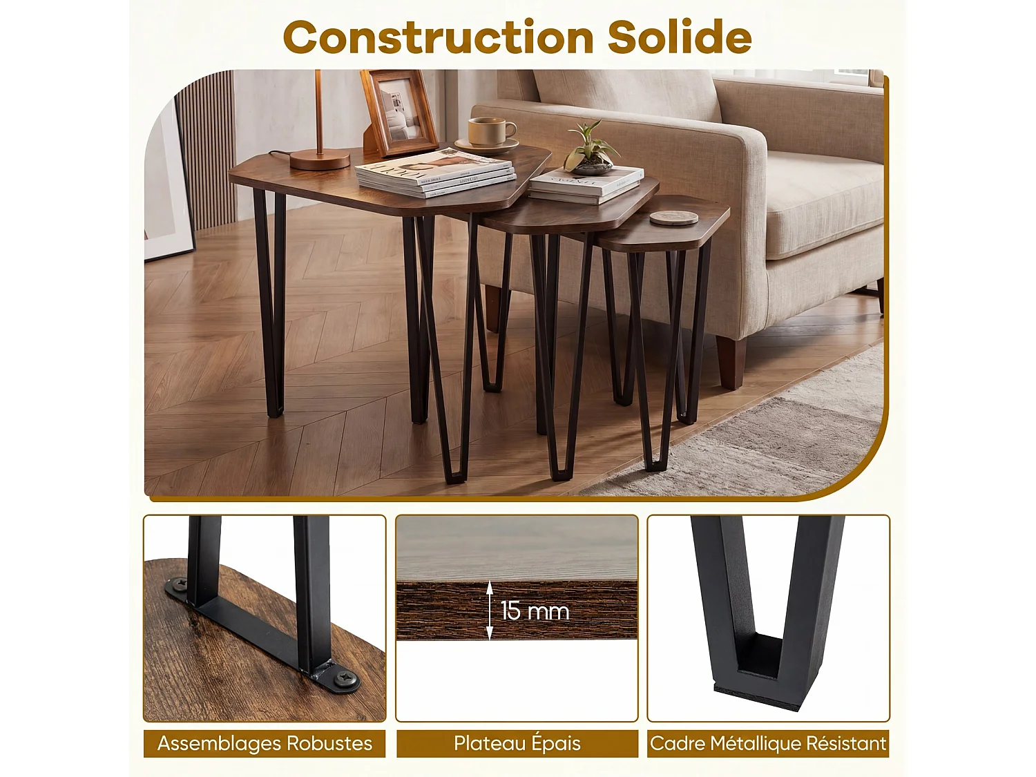 Lot de 3 tables basse gigognes, cadre métal industriel, charge 20/20/10kg
