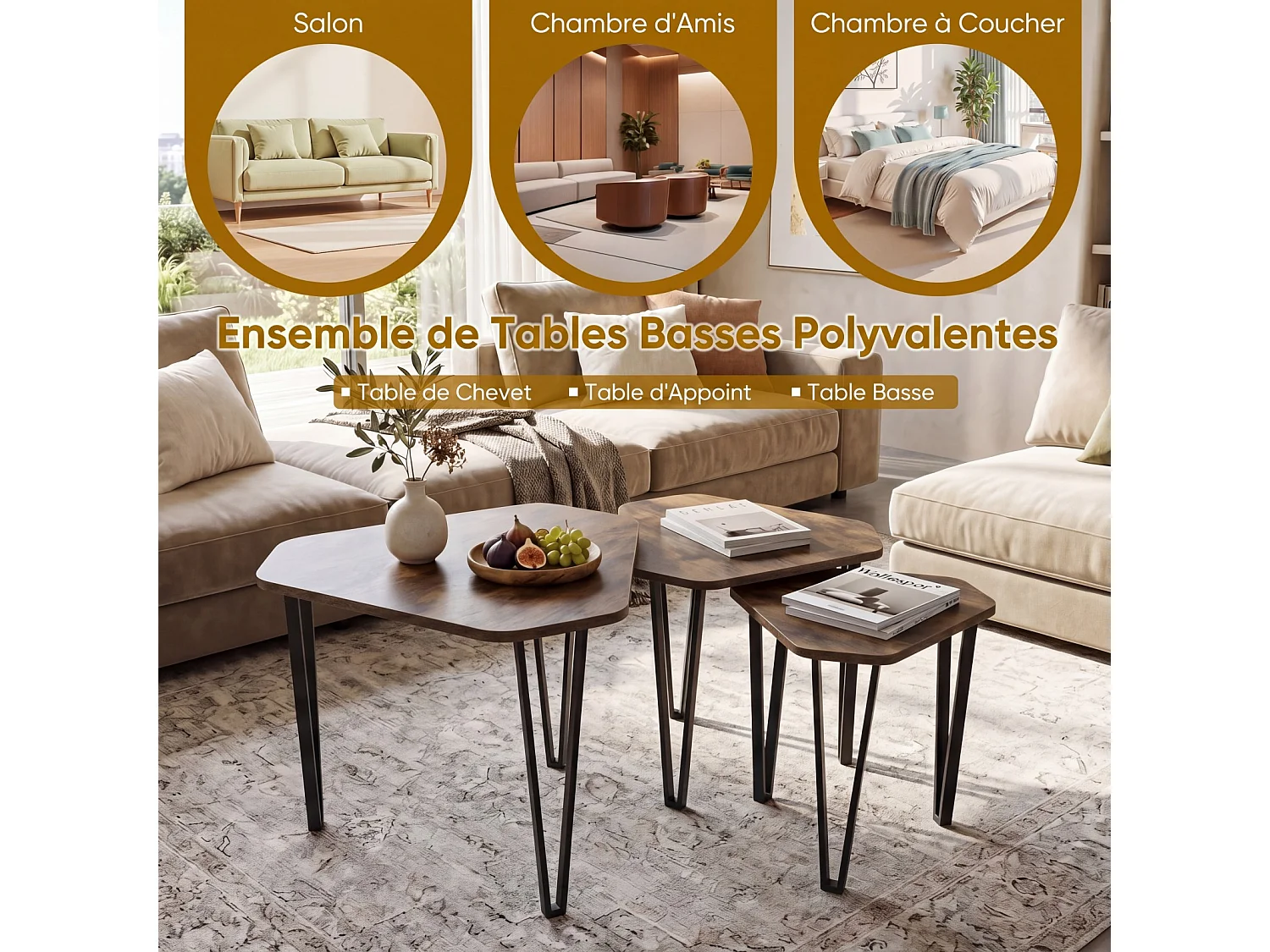Lot de 3 tables basse gigognes, cadre métal industriel, charge 20/20/10kg