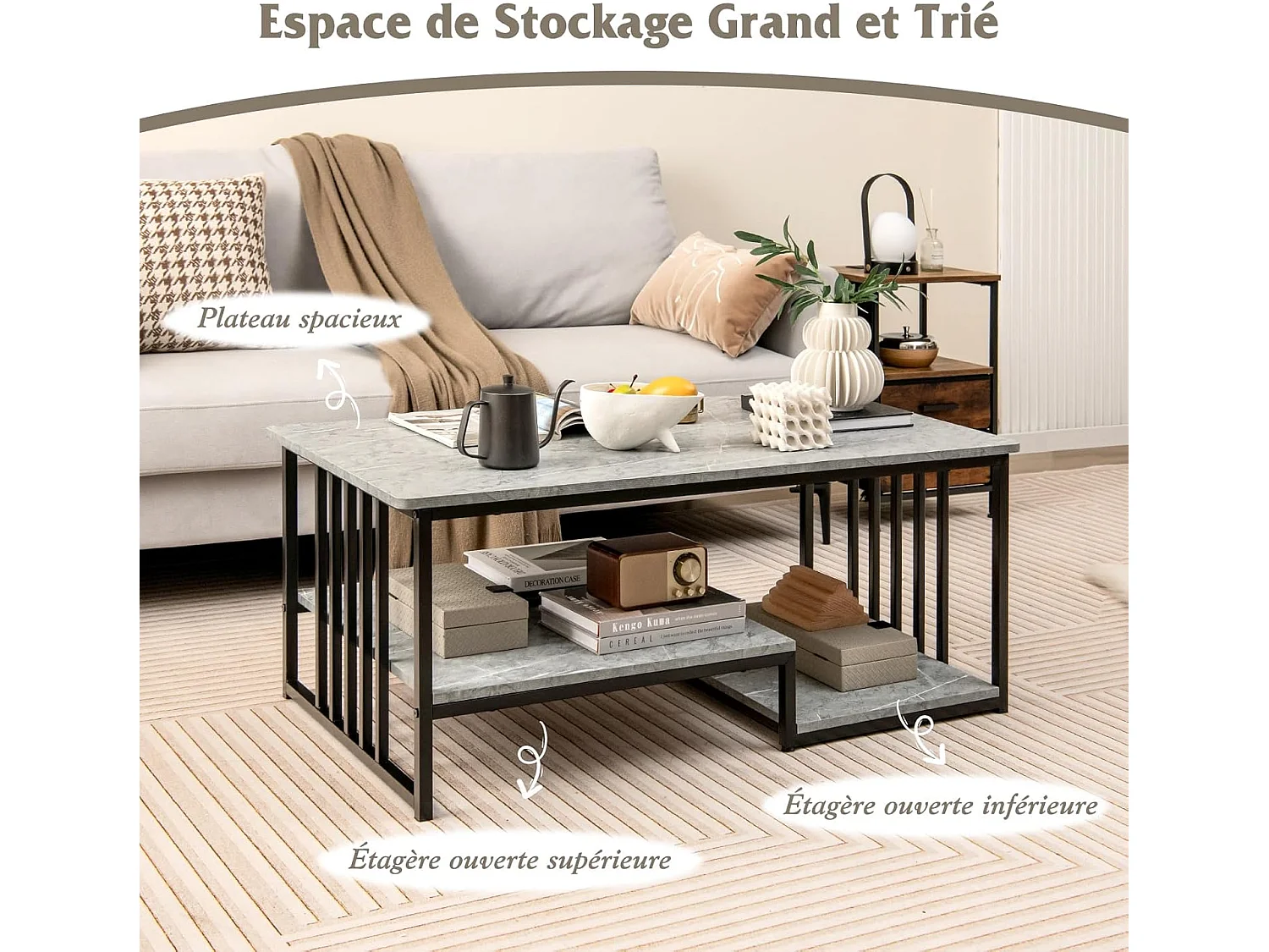 Rechthoekige marmer salontafel, 2 planken, metalen frame, 110 x 60 x 45 cm