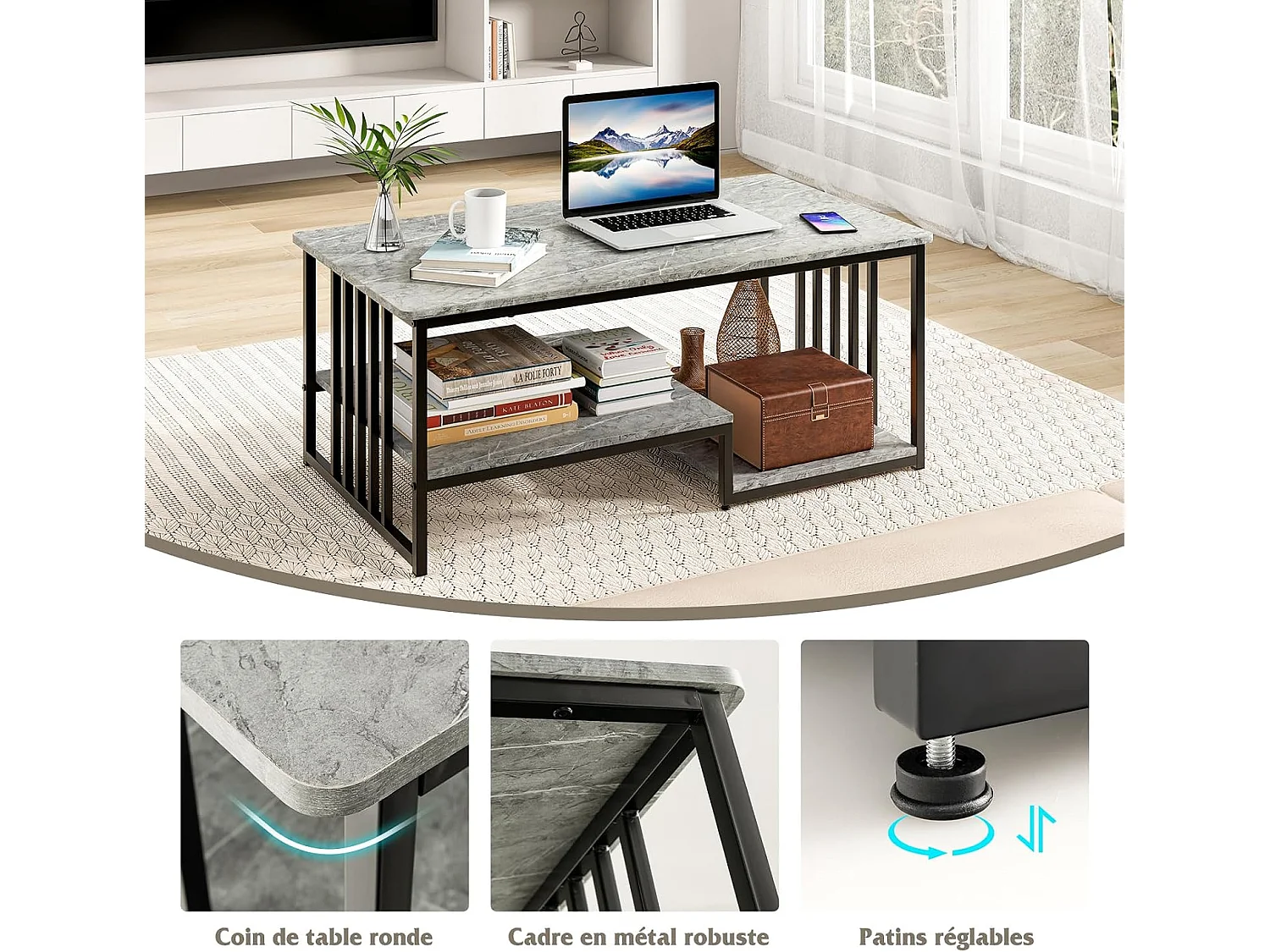 Rechthoekige marmer salontafel, 2 planken, metalen frame, 110 x 60 x 45 cm