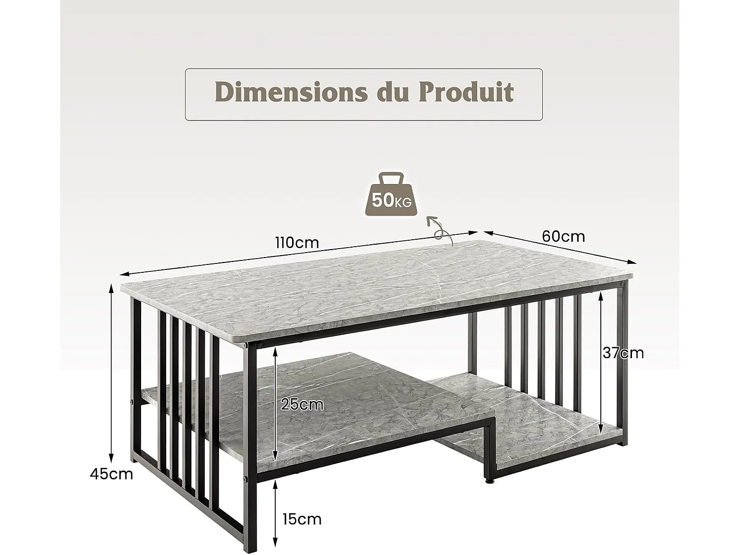 Rechthoekige marmer salontafel, 2 planken, metalen frame, 110 x 60 x 45 cm