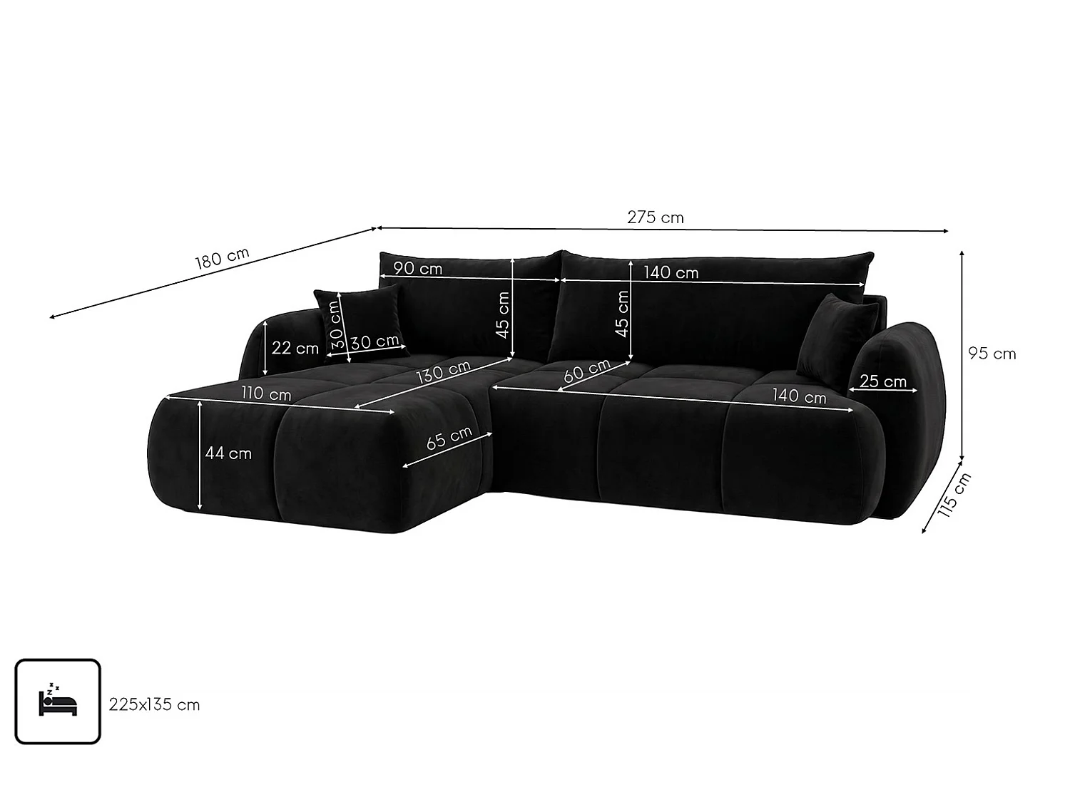 Ecksofa mit Schlaffunktion und Bettkasten, Veloursstoff Bluvel, Schwarz, Links, COCO