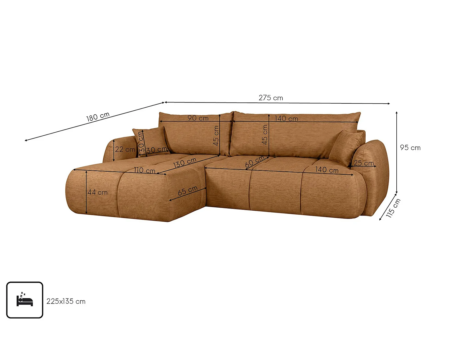 Ecksofa mit Schlaffunktion und Bettkasten, Strukturstoff Verita, Kupfer, Links, COCO