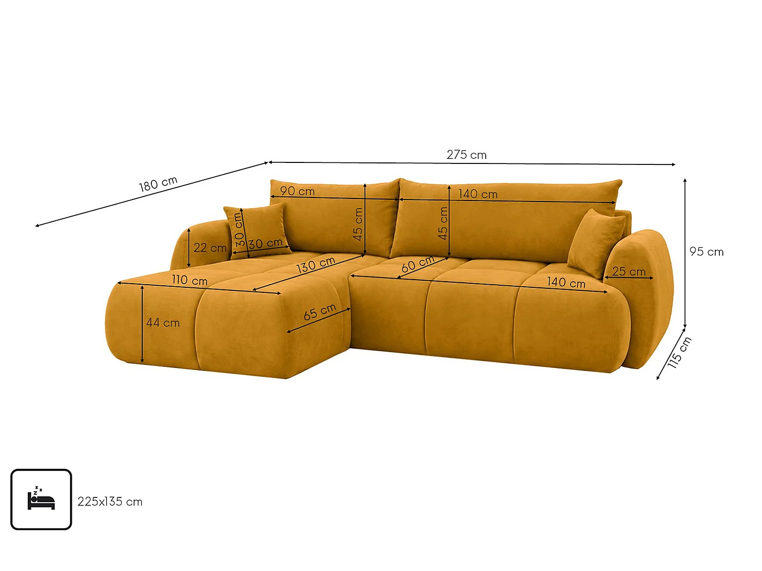 Ecksofa mit Schlaffunktion und Bettkasten, Veloursstoff Bluvel, Golden, Links, COCO