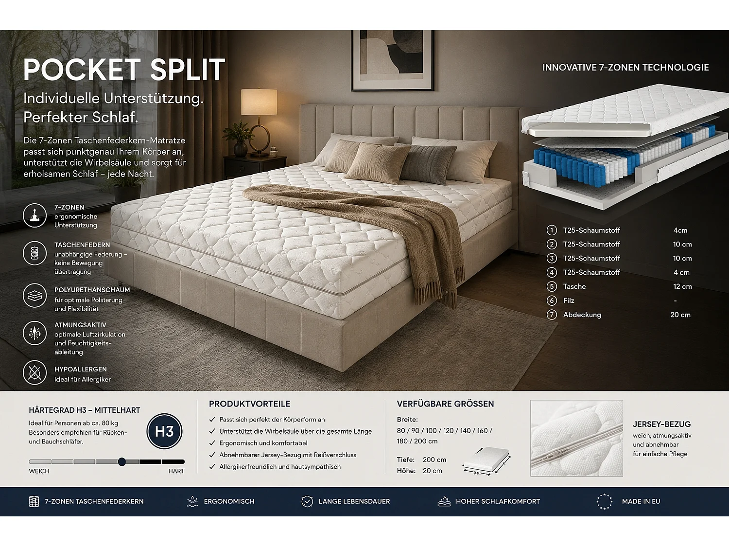 Matelas à ressorts ensachés 120x200 cm, SPLIT