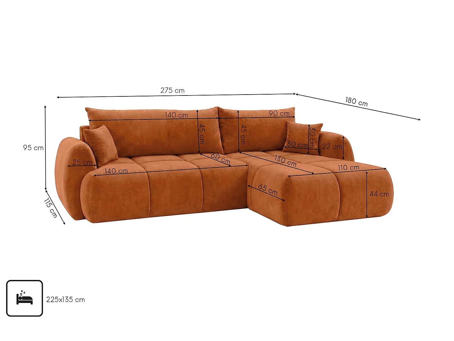 Ecksofa mit Schlaffunktion und Bettkasten, Veloursstoff Bluvel, Zimtfarbe, Rechts, COCO