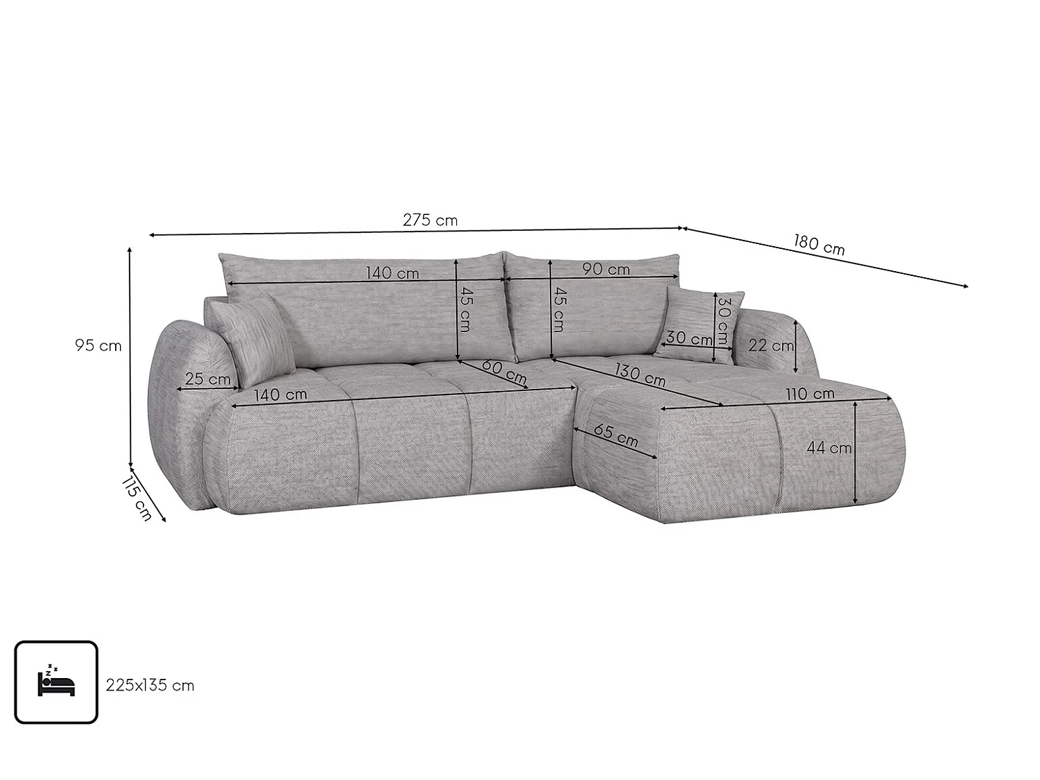 Canapé d’angle avec fonction couchage et coffre de rangement, tissu structuré Verita, Gris, Droite, COCO