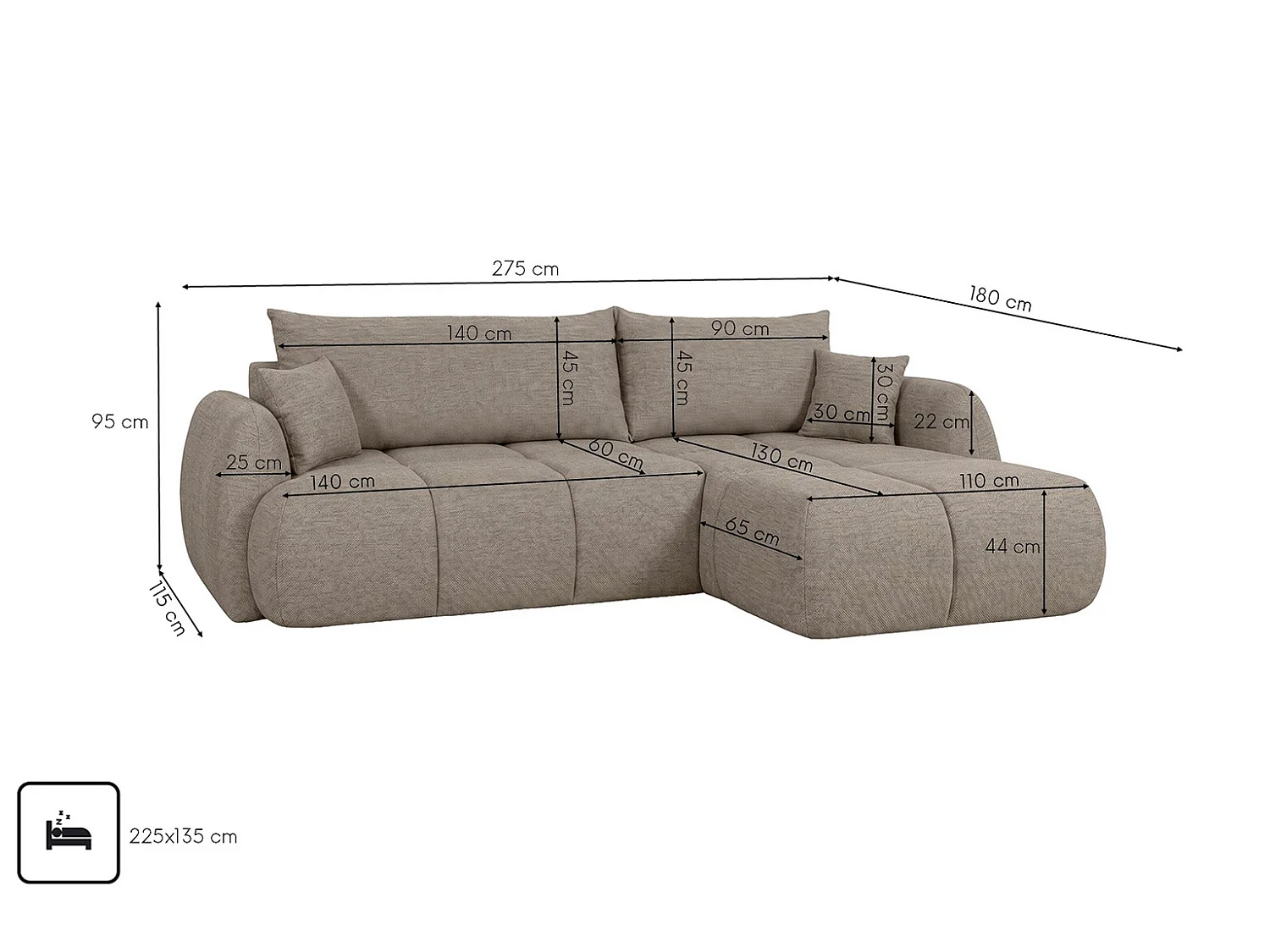 Canapé d’angle avec fonction couchage et coffre de rangement, tissu structuré Verita, Beige chaud, Droite, COCO