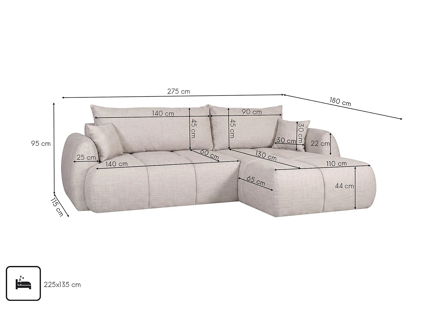 Canapé d’angle avec fonction couchage et coffre de rangement, tissu structuré Verita, Beige, Droite, COCO