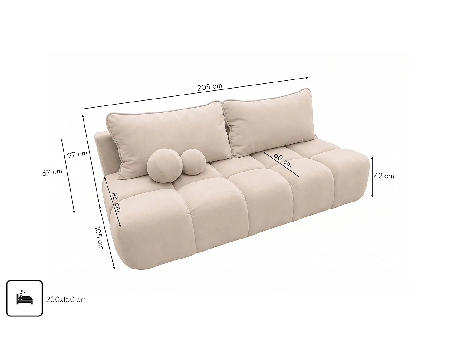 Canapé convertible avec coffre de rangement, tissu velours Bluvel, Crème, COCO